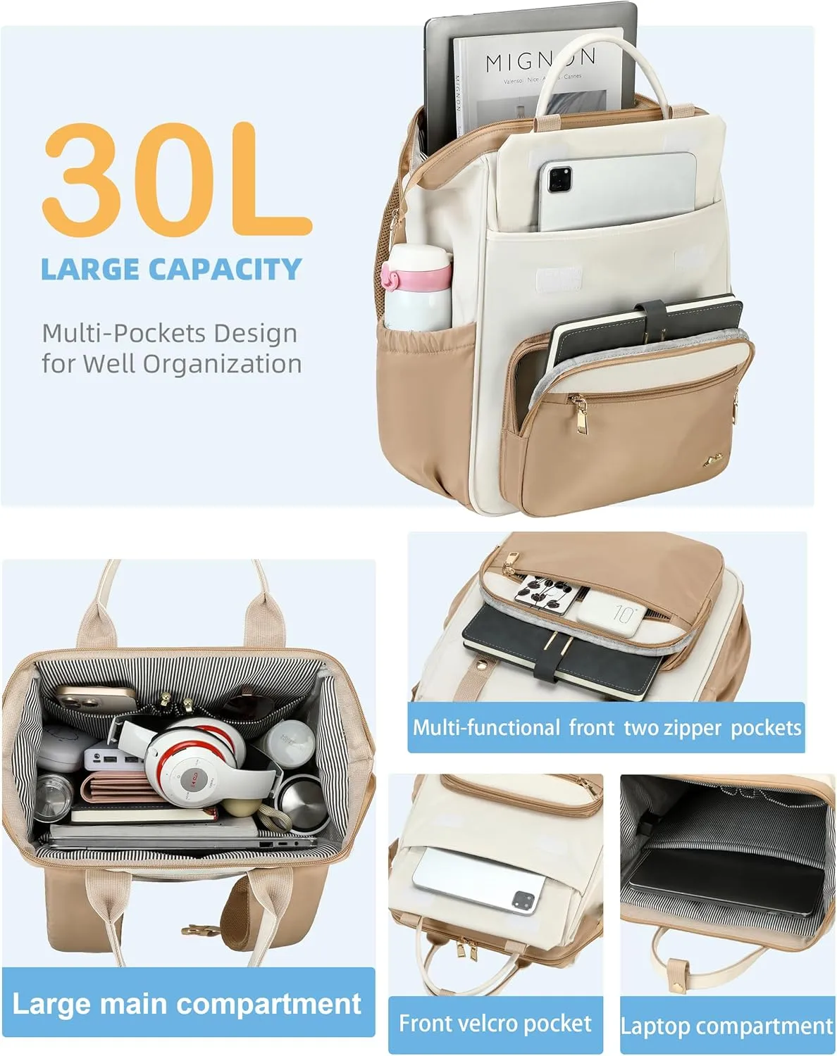 Hidds Laptop Backpack for Women 15.6 In Work Business Computer Bag School College Backpacks Commuter Back Pack Purse Girls Nursing Bookbag Womens Anti Theft Travel Daypack with USB Port - Khaki Beige