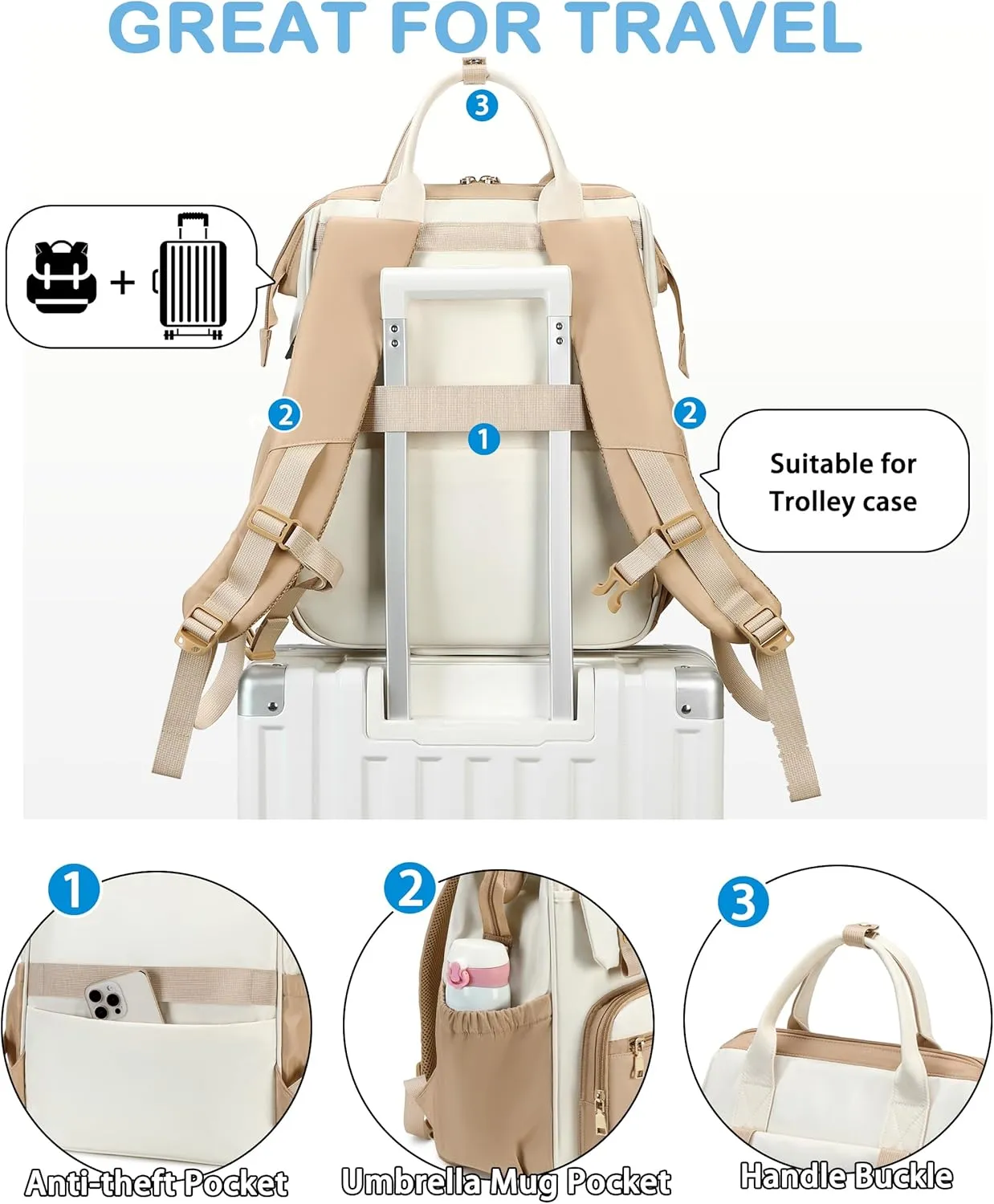 Hidds Laptop Backpack for Women 15.6 In Work Business Computer Bag School College Backpacks Commuter Back Pack Purse Girls Nursing Bookbag Womens Anti Theft Travel Daypack with USB Port - Khaki Beige