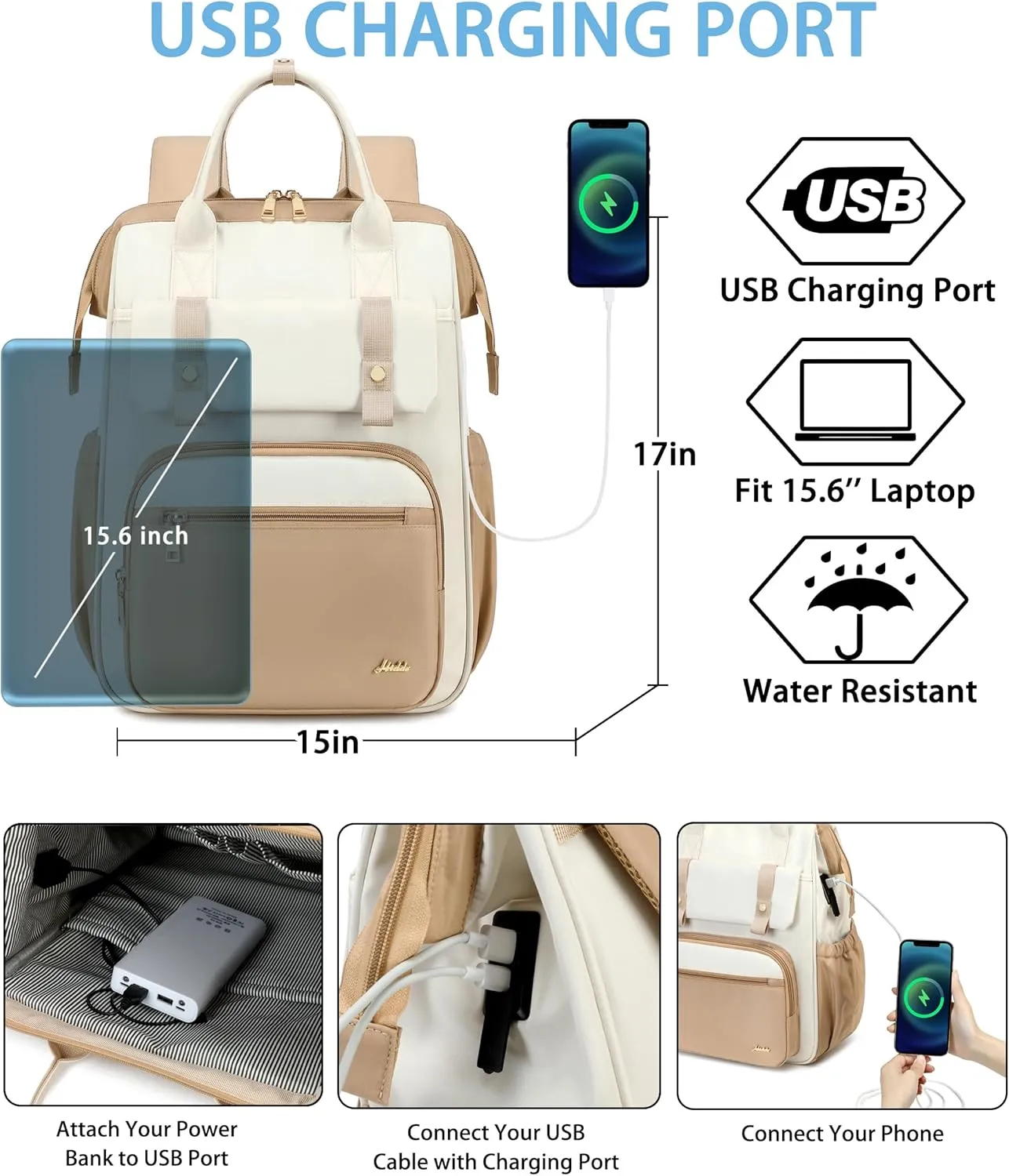 Hidds Laptop Backpack for Women 15.6 In Work Business Computer Bag School College Backpacks Commuter Back Pack Purse Girls Nursing Bookbag Womens Anti Theft Travel Daypack with USB Port - Khaki Beige