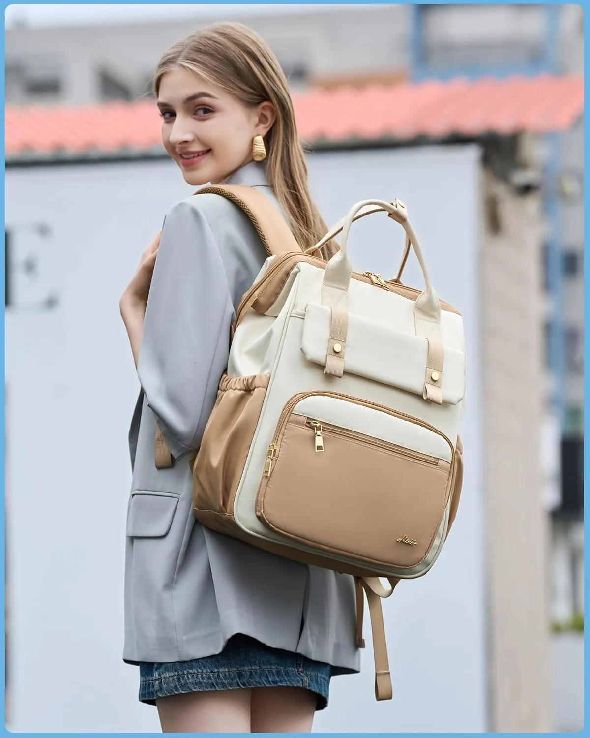 Hidds Laptop Backpack for Women 15.6 In Work Business Computer Bag School College Backpacks Commuter Back Pack Purse Girls Nursing Bookbag Womens Anti Theft Travel Daypack with USB Port - Khaki Beige