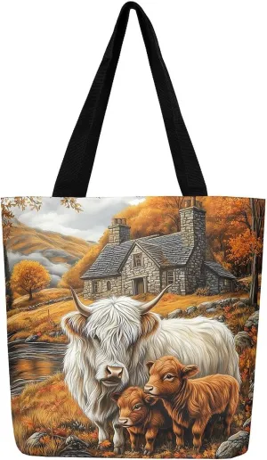 Highland Cattle Canvas Tote Bag,Bohemia Tribal Travel Beach Handbags,Jungle Flower Grocery Bags for Shopping Gym