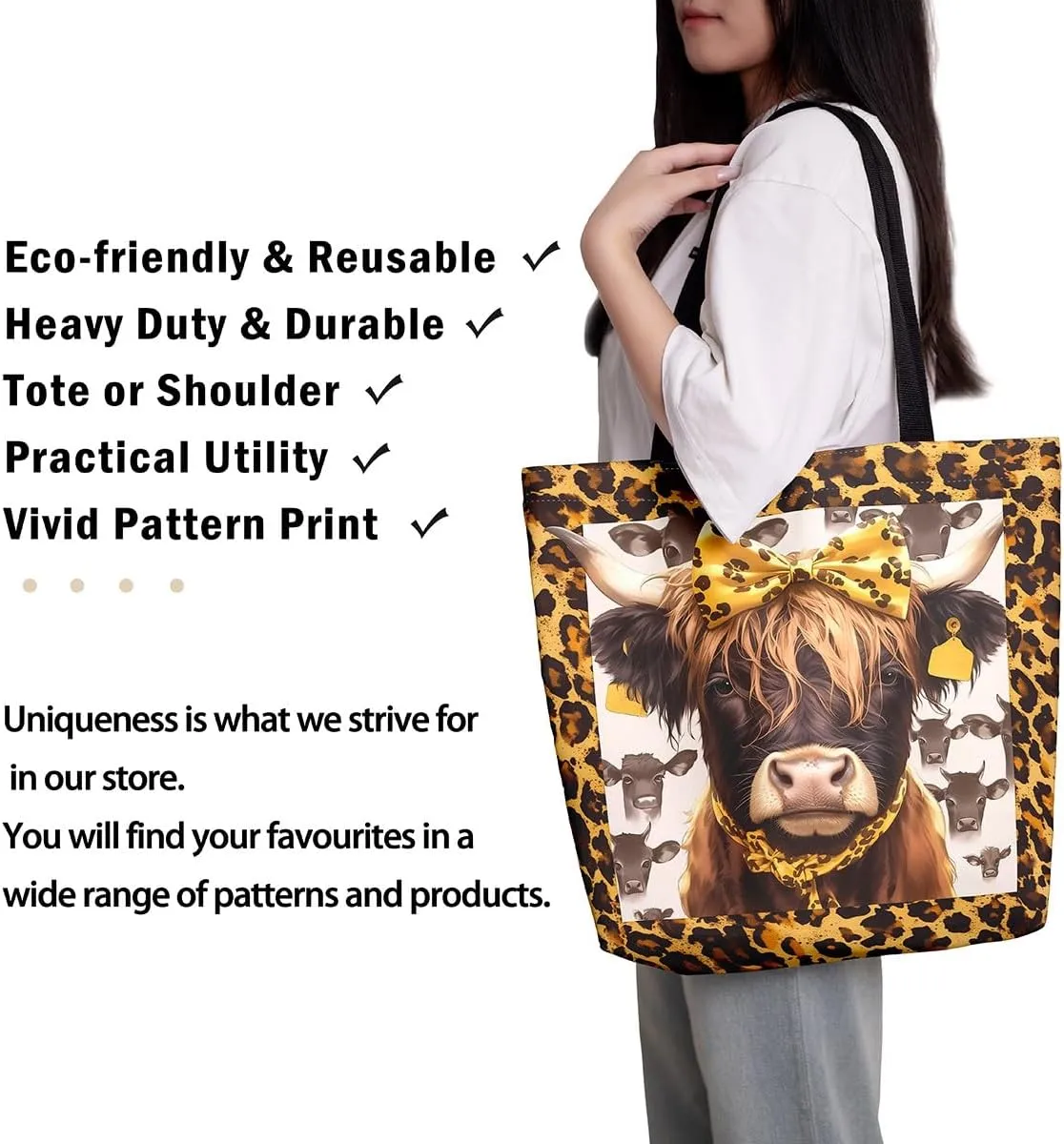 Highland Cattle Canvas Tote Bag,Bohemia Tribal Travel Beach Handbags,Jungle Flower Grocery Bags for Shopping Gym