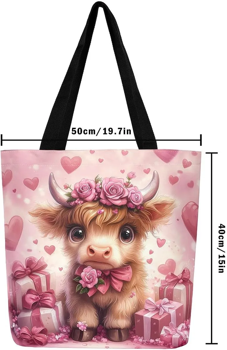 Highland Cattle Canvas Tote Bag,Bohemia Tribal Travel Beach Handbags,Jungle Flower Grocery Bags for Shopping Gym