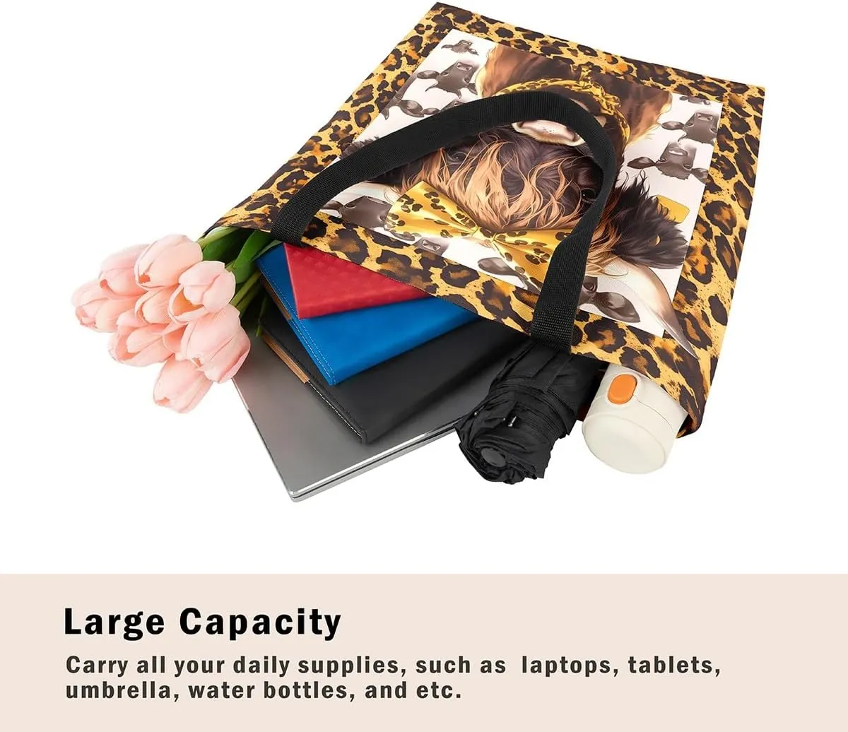Highland Cattle Canvas Tote Bag,Bohemia Tribal Travel Beach Handbags,Jungle Flower Grocery Bags for Shopping Gym