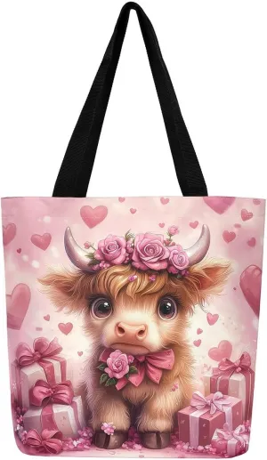 Highland Cattle Canvas Tote Bag,Bohemia Tribal Travel Beach Handbags,Jungle Flower Grocery Bags for Shopping Gym