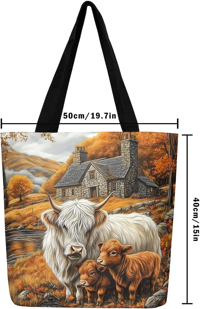 Highland Cattle Canvas Tote Bag,Bohemia Tribal Travel Beach Handbags,Jungle Flower Grocery Bags for Shopping Gym