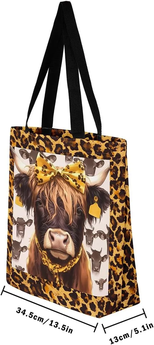Highland Cattle Canvas Tote Bag,Bohemia Tribal Travel Beach Handbags,Jungle Flower Grocery Bags for Shopping Gym