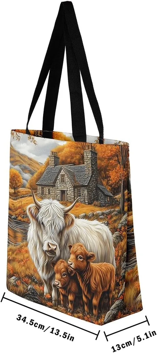 Highland Cattle Canvas Tote Bag,Bohemia Tribal Travel Beach Handbags,Jungle Flower Grocery Bags for Shopping Gym