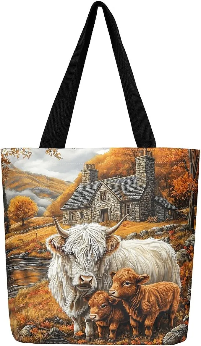 Highland Cattle Canvas Tote Bag,Bohemia Tribal Travel Beach Handbags,Jungle Flower Grocery Bags for Shopping Gym