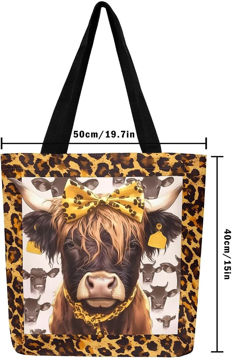 Highland Cattle Canvas Tote Bag,Bohemia Tribal Travel Beach Handbags,Jungle Flower Grocery Bags for Shopping Gym