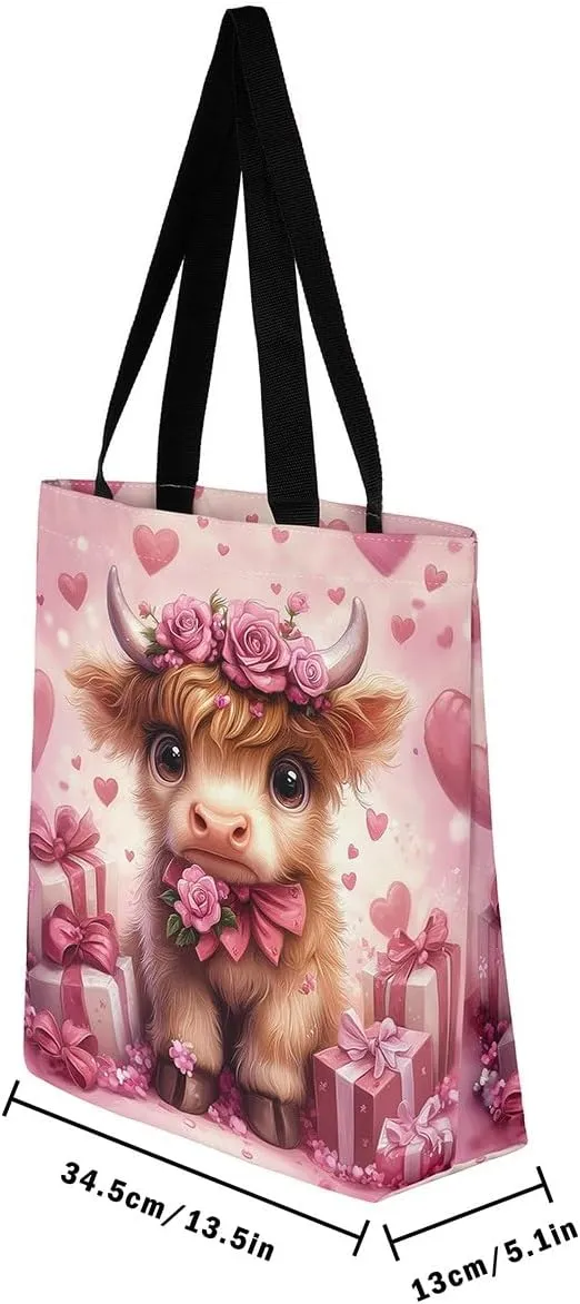 Highland Cattle Canvas Tote Bag,Bohemia Tribal Travel Beach Handbags,Jungle Flower Grocery Bags for Shopping Gym