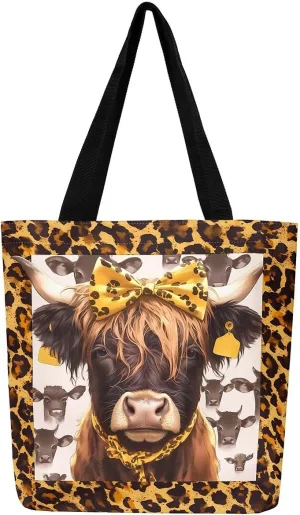 Highland Cattle Canvas Tote Bag,Bohemia Tribal Travel Beach Handbags,Jungle Flower Grocery Bags for Shopping Gym
