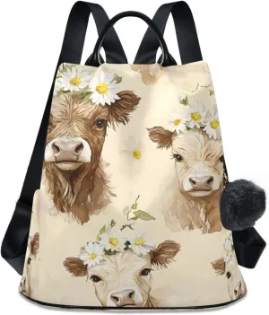 Highland Cattle Garland Cows Backpack for Women Anti Theft Large Fashion Travel Shoulder Bag Purse Rucksack Lightweight