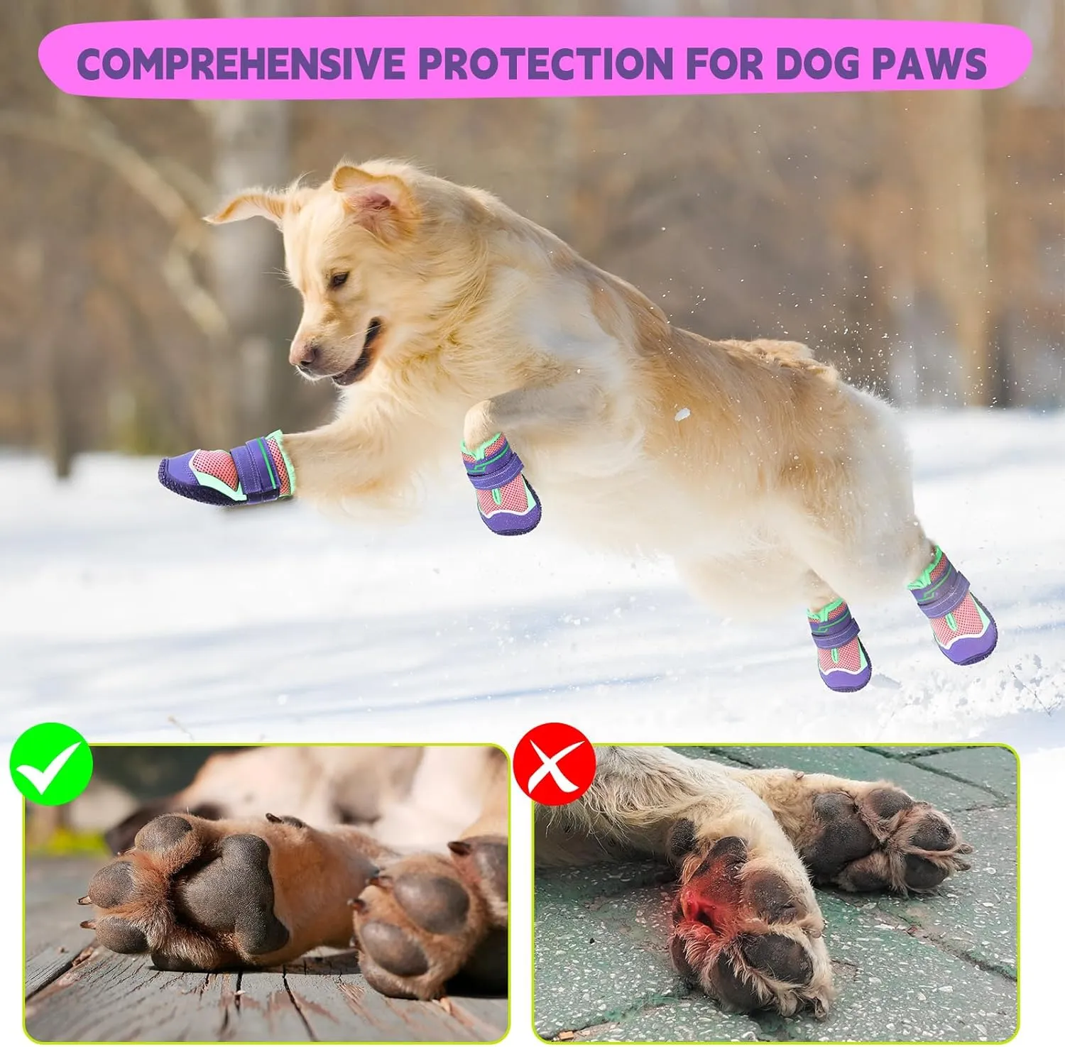 HIGO Dog Booties - 4 Pack Non-Slip Paw Protectors for Hardwood Floor, Reflective for Hot Pavement, Breathable Dog Boots with Soft Skid-Resistant Soles (Purple, #8)