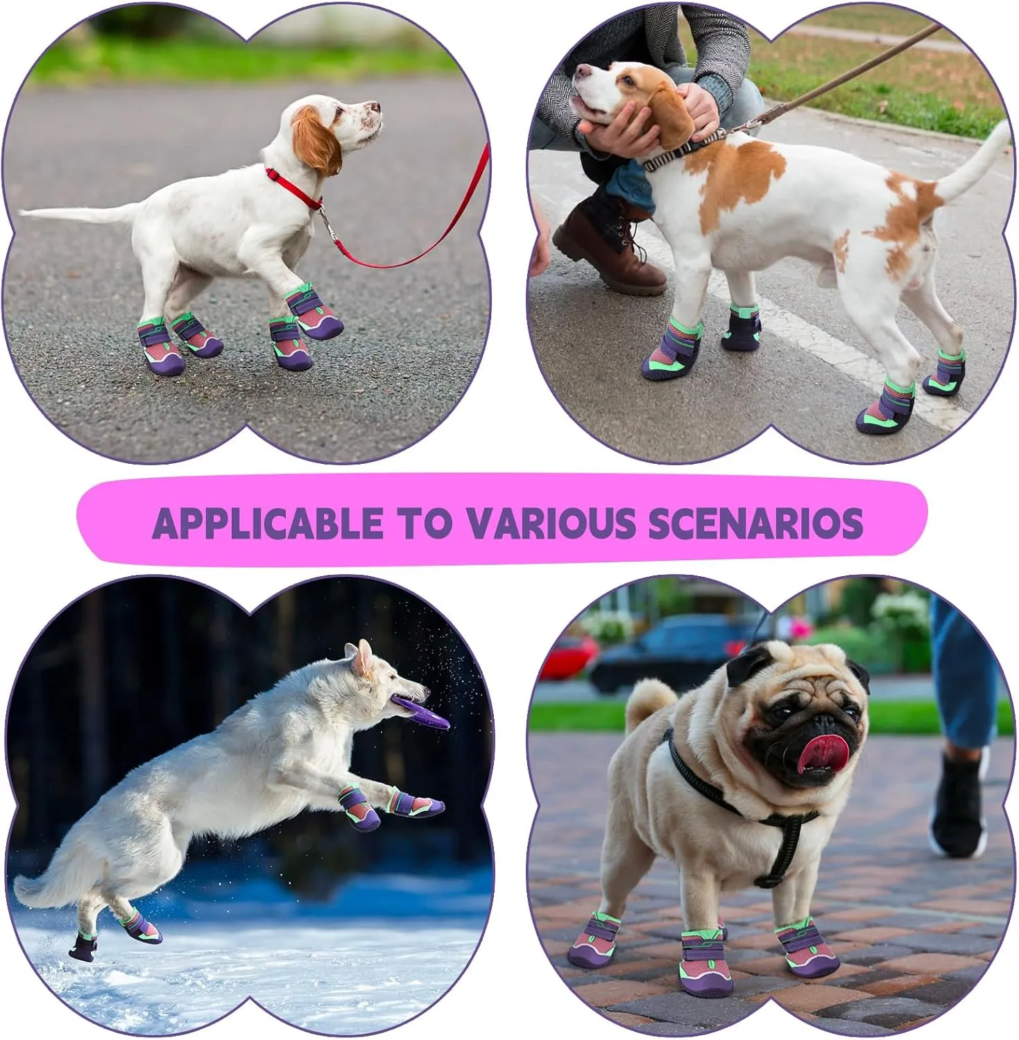 HIGO Dog Booties - 4 Pack Non-Slip Paw Protectors for Hardwood Floor, Reflective for Hot Pavement, Breathable Dog Boots with Soft Skid-Resistant Soles (Purple, #8)