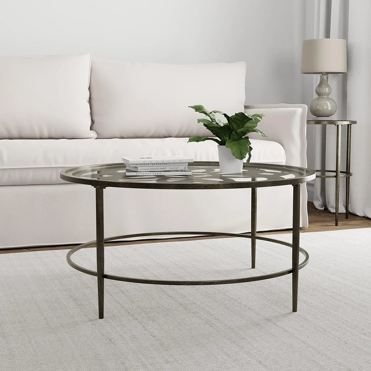 Hillsdale Marsala Metal Coffee Table with a Glass Top, Gray with Brown Rub