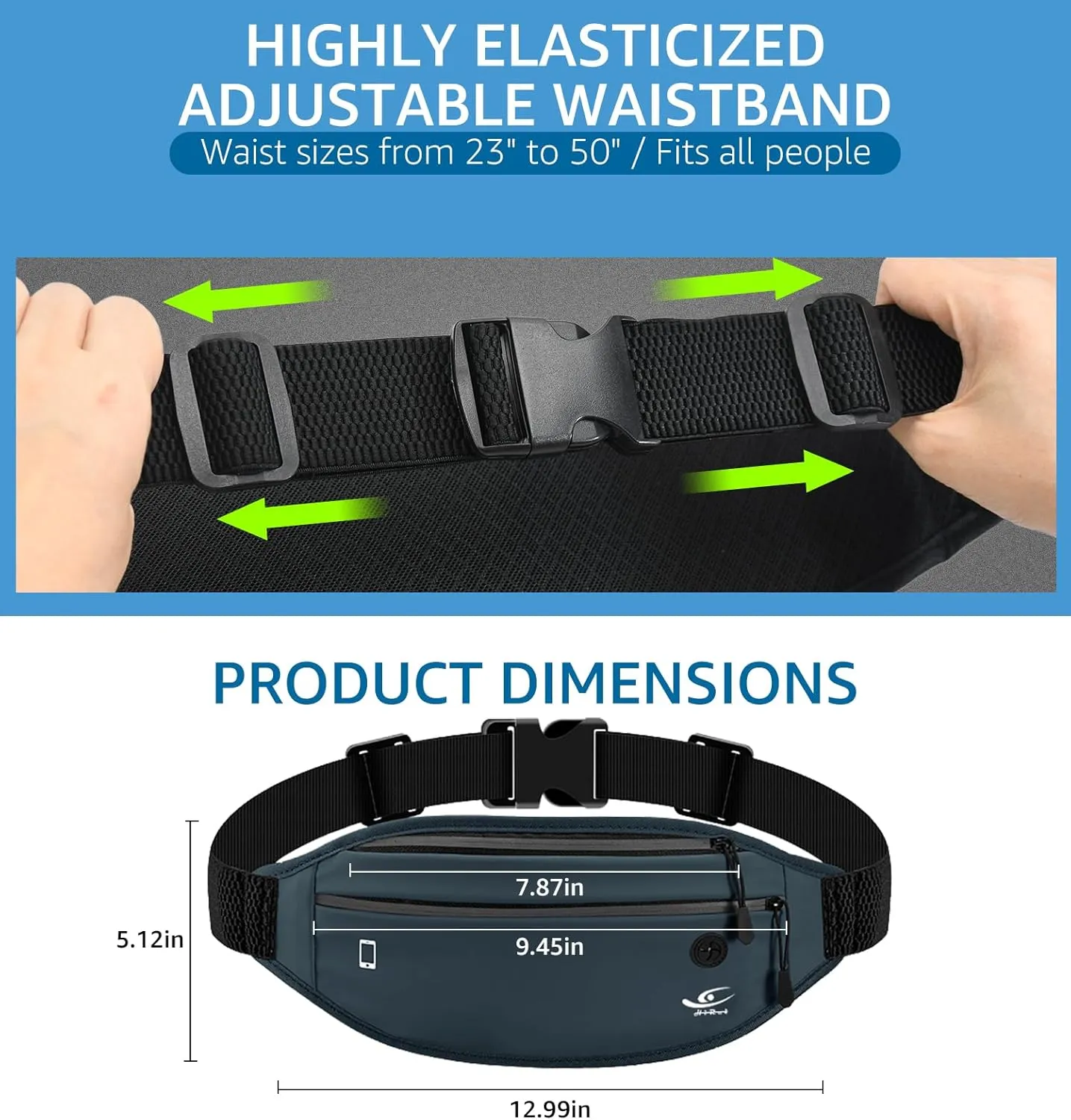 HiRui Slim Fanny Pack for Men Women, Adjustable Exercise Waist Pack Reflective Running Belt for Sports Workout Cycling Hiking, Casual Hands-Free Wallets Phone Bag Fits All Phones (Navy Blue)