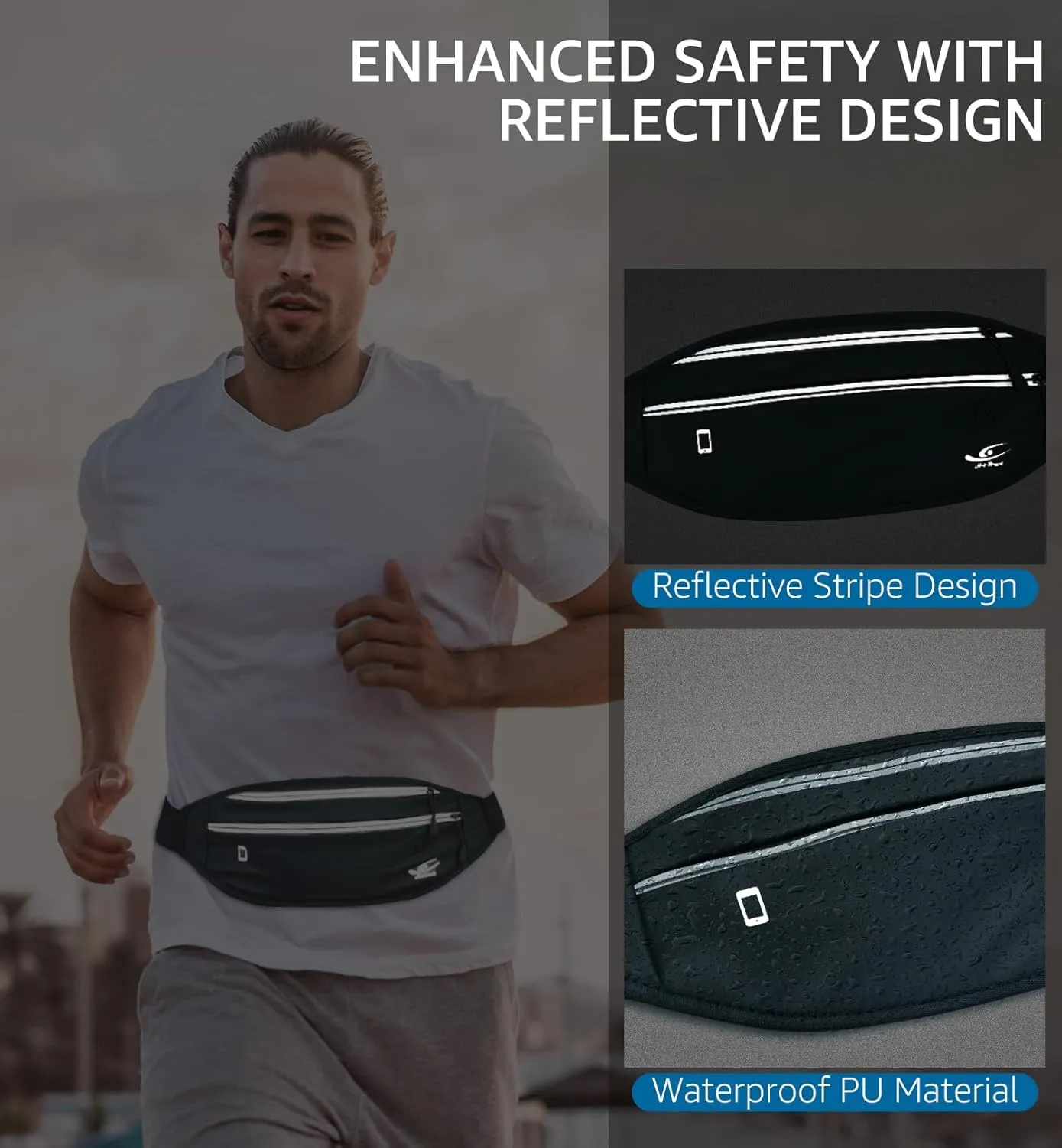 HiRui Slim Fanny Pack for Men Women, Adjustable Exercise Waist Pack Reflective Running Belt for Sports Workout Cycling Hiking, Casual Hands-Free Wallets Phone Bag Fits All Phones (Navy Blue)