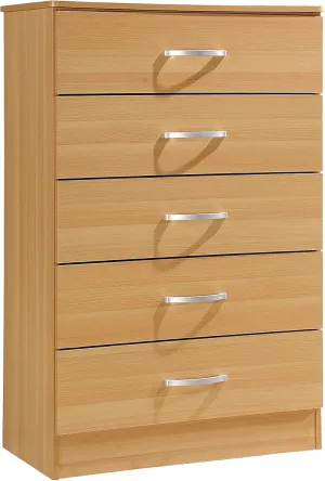 HODEDAH 5 Drawer Wood Dresser for Bedroom, Chest of Drawers with Metal Rails for Support when Storing Clothing, Beech, 47.8x31.5 inches