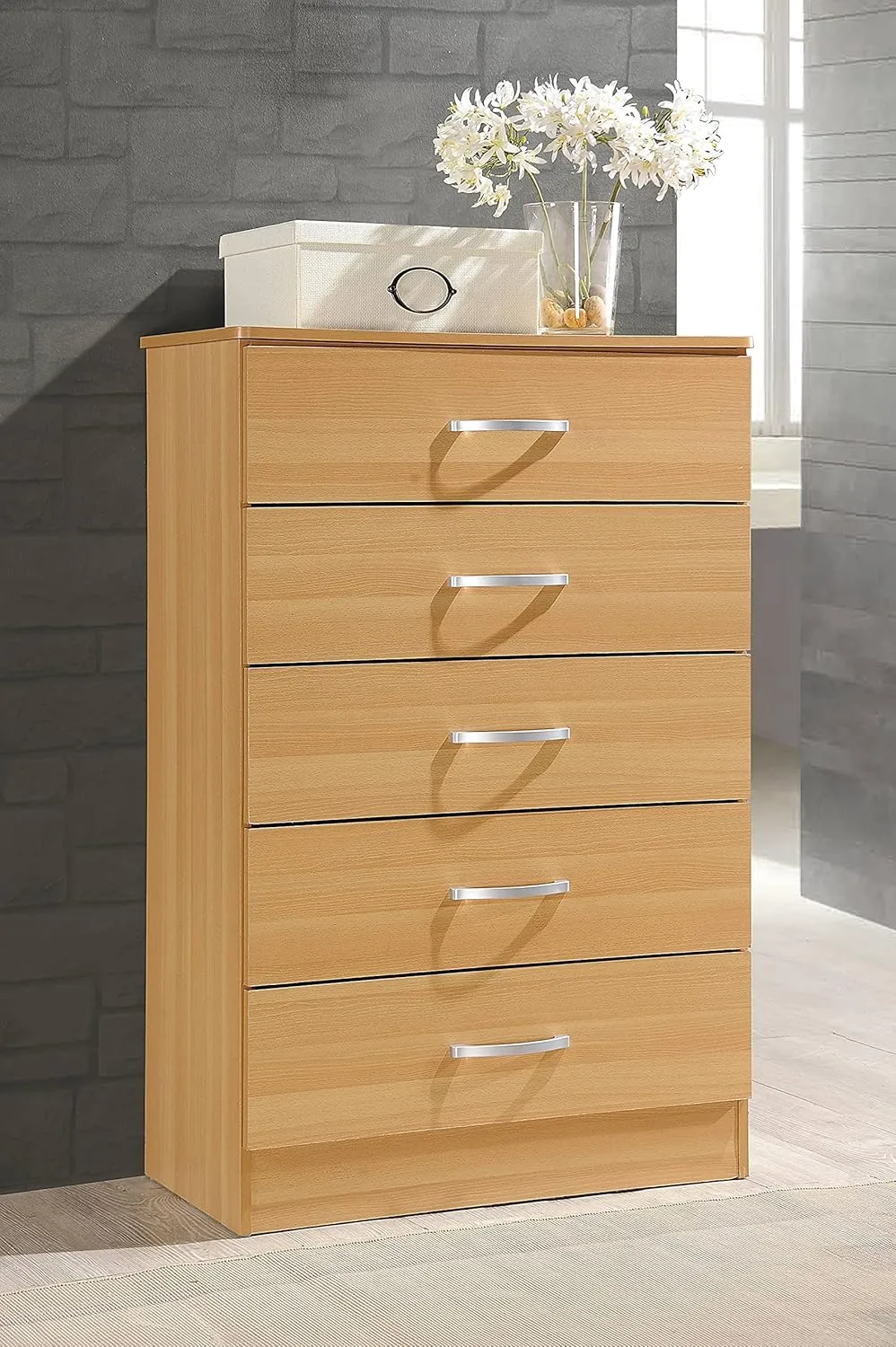 HODEDAH 5 Drawer Wood Dresser for Bedroom, Chest of Drawers with Metal Rails for Support when Storing Clothing, Beech, 47.8x31.5 inches