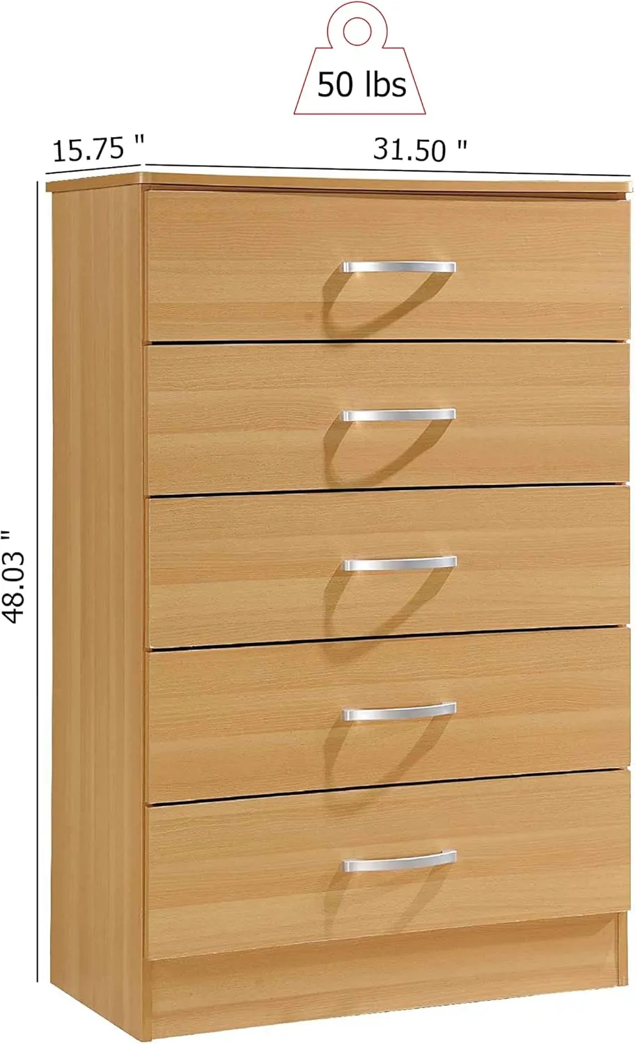 HODEDAH 5 Drawer Wood Dresser for Bedroom, Chest of Drawers with Metal Rails for Support when Storing Clothing, Beech, 47.8x31.5 inches
