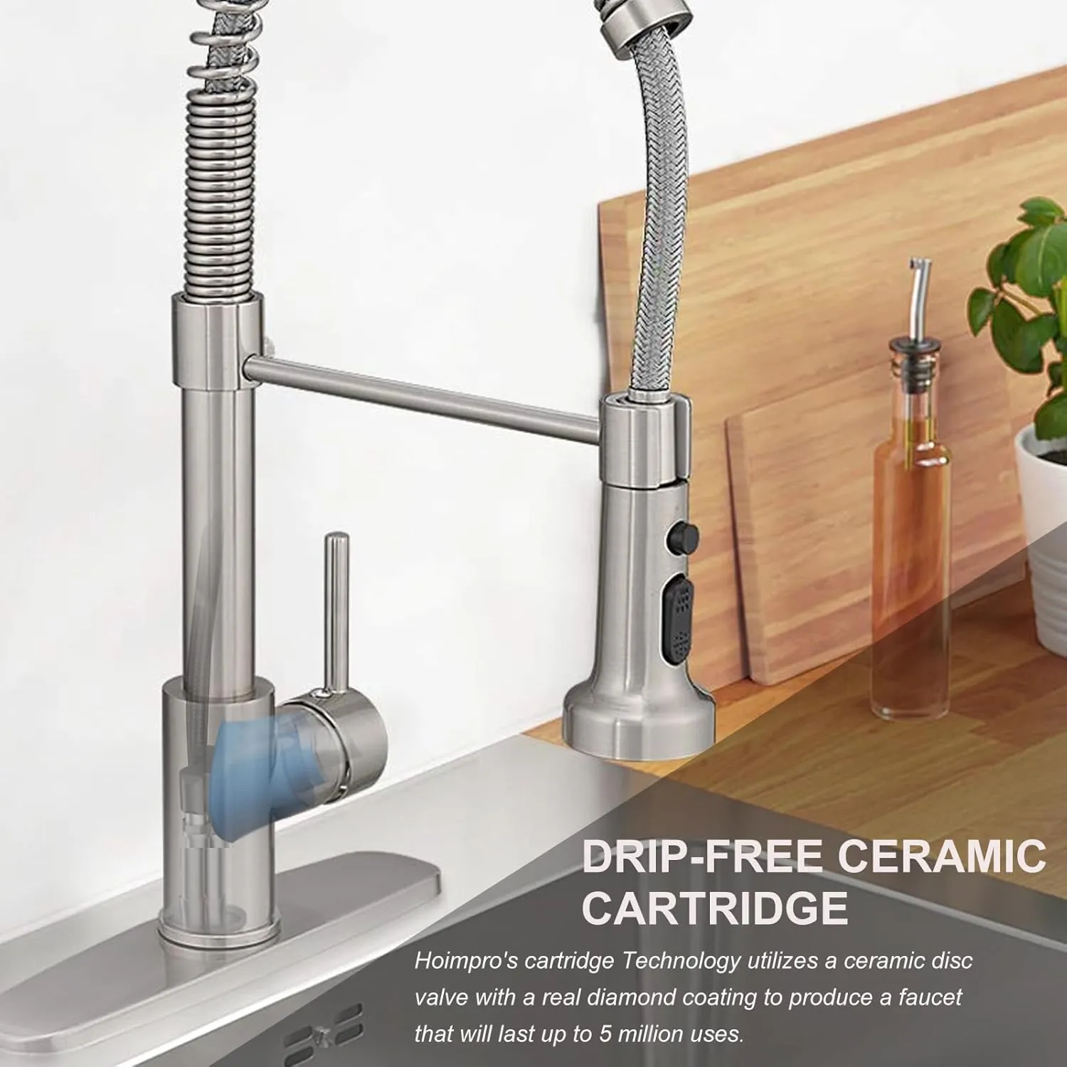 Hoimpro Brass Spring Kitchen Faucet with Pull Down Sprayer with Cover Plate, Rv Kitchen Sink Faucet with cUPC Hoses,3 Function Single Handle Laundry Faucet, Brushed Nickel (1 or 3 Hole)