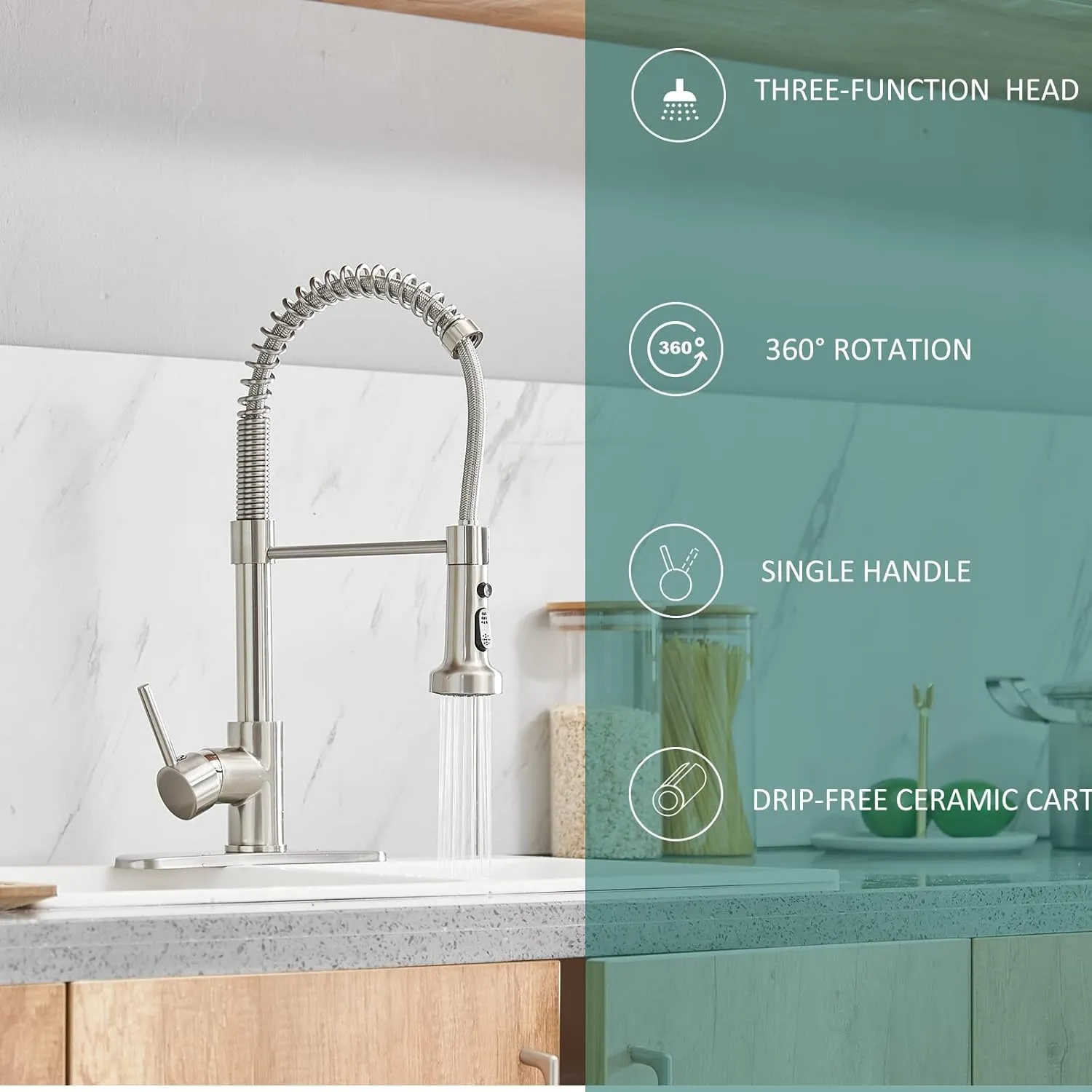 Hoimpro Brass Spring Kitchen Faucet with Pull Down Sprayer with Cover Plate, Rv Kitchen Sink Faucet with cUPC Hoses,3 Function Single Handle Laundry Faucet, Brushed Nickel (1 or 3 Hole)
