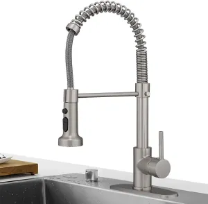 Hoimpro Brass Spring Kitchen Faucet with Pull Down Sprayer with Cover Plate, Rv Kitchen Sink Faucet with cUPC Hoses,3 Function Single Handle Laundry Faucet, Brushed Nickel (1 or 3 Hole)