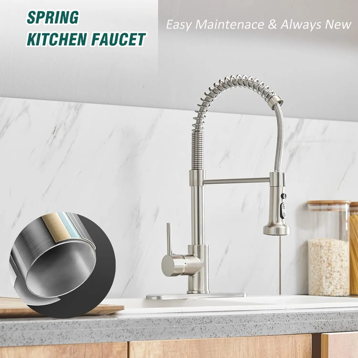 Hoimpro Brass Spring Kitchen Faucet with Pull Down Sprayer with Cover Plate, Rv Kitchen Sink Faucet with cUPC Hoses,3 Function Single Handle Laundry Faucet, Brushed Nickel (1 or 3 Hole)
