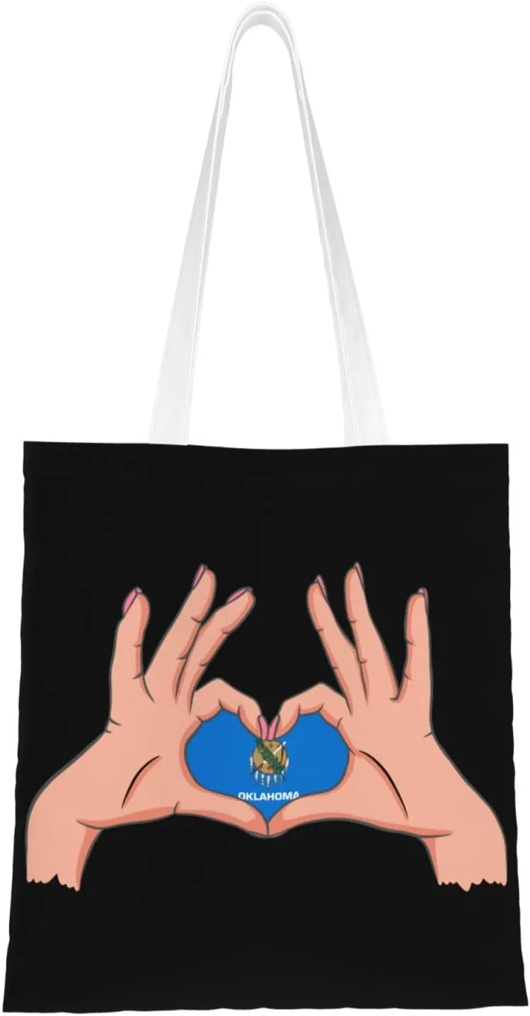 Holding A Heart Flag Of Oklahoma Tote Bag for Women Canvas Shopping Bags Reusable Large Capacity Casual Shoulder Handbags Grocery Bags