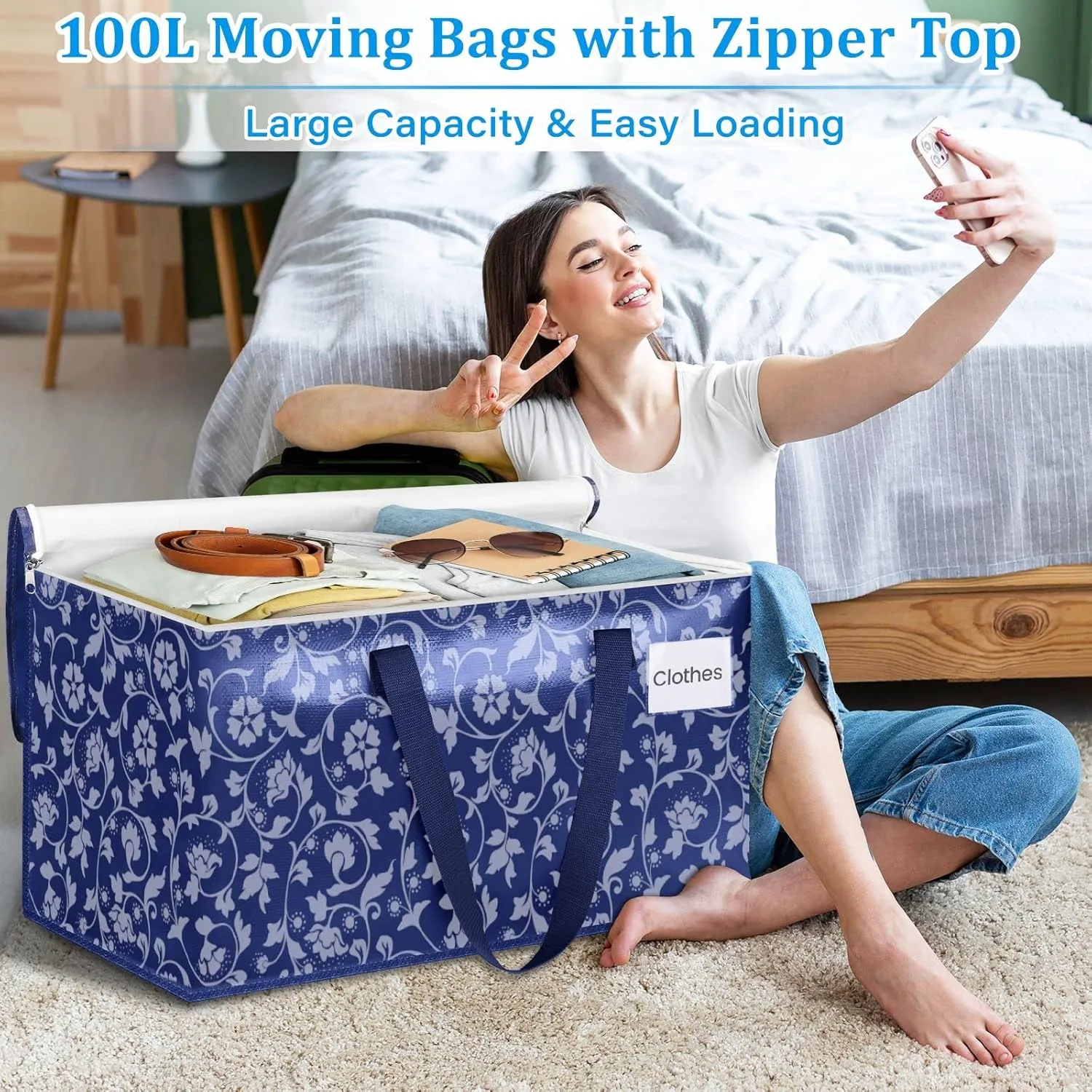 HomeHacks Moving Bags, Extra Large Size Moving Boxes, Heavy Duty Luggage Bags with Smooth Zipper and Sturdy Handles, Large Capacity & Easy Loading Storage Totes for Space Saver 100L, 6-Pack, Blue