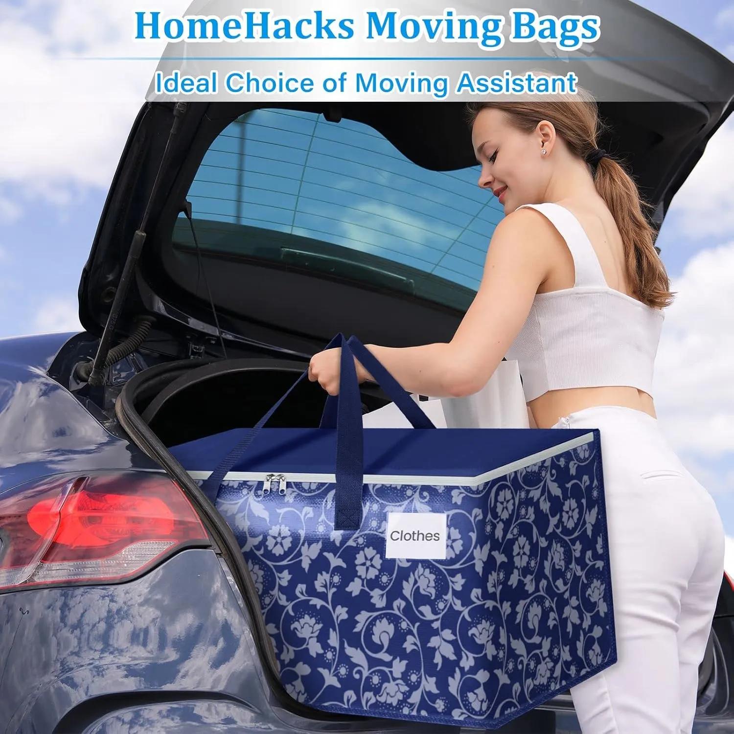 HomeHacks Moving Bags, Extra Large Size Moving Boxes, Heavy Duty Luggage Bags with Smooth Zipper and Sturdy Handles, Large Capacity & Easy Loading Storage Totes for Space Saver 100L, 6-Pack, Blue