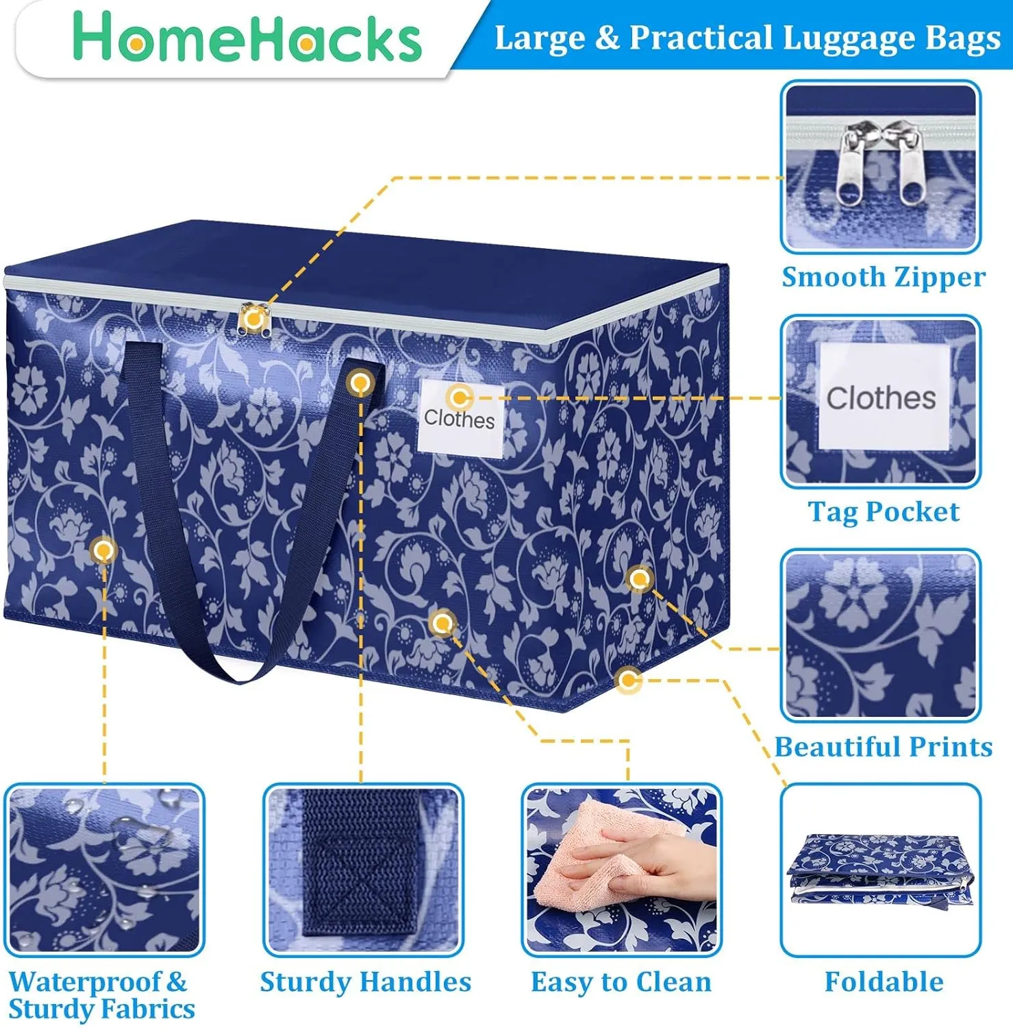 HomeHacks Moving Bags, Extra Large Size Moving Boxes, Heavy Duty Luggage Bags with Smooth Zipper and Sturdy Handles, Large Capacity & Easy Loading Storage Totes for Space Saver 100L, 6-Pack, Blue
