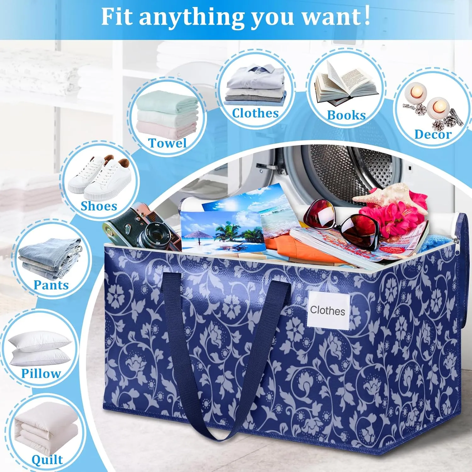 HomeHacks Moving Bags, Extra Large Size Moving Boxes, Heavy Duty Luggage Bags with Smooth Zipper and Sturdy Handles, Large Capacity & Easy Loading Storage Totes for Space Saver 100L, 6-Pack, Blue