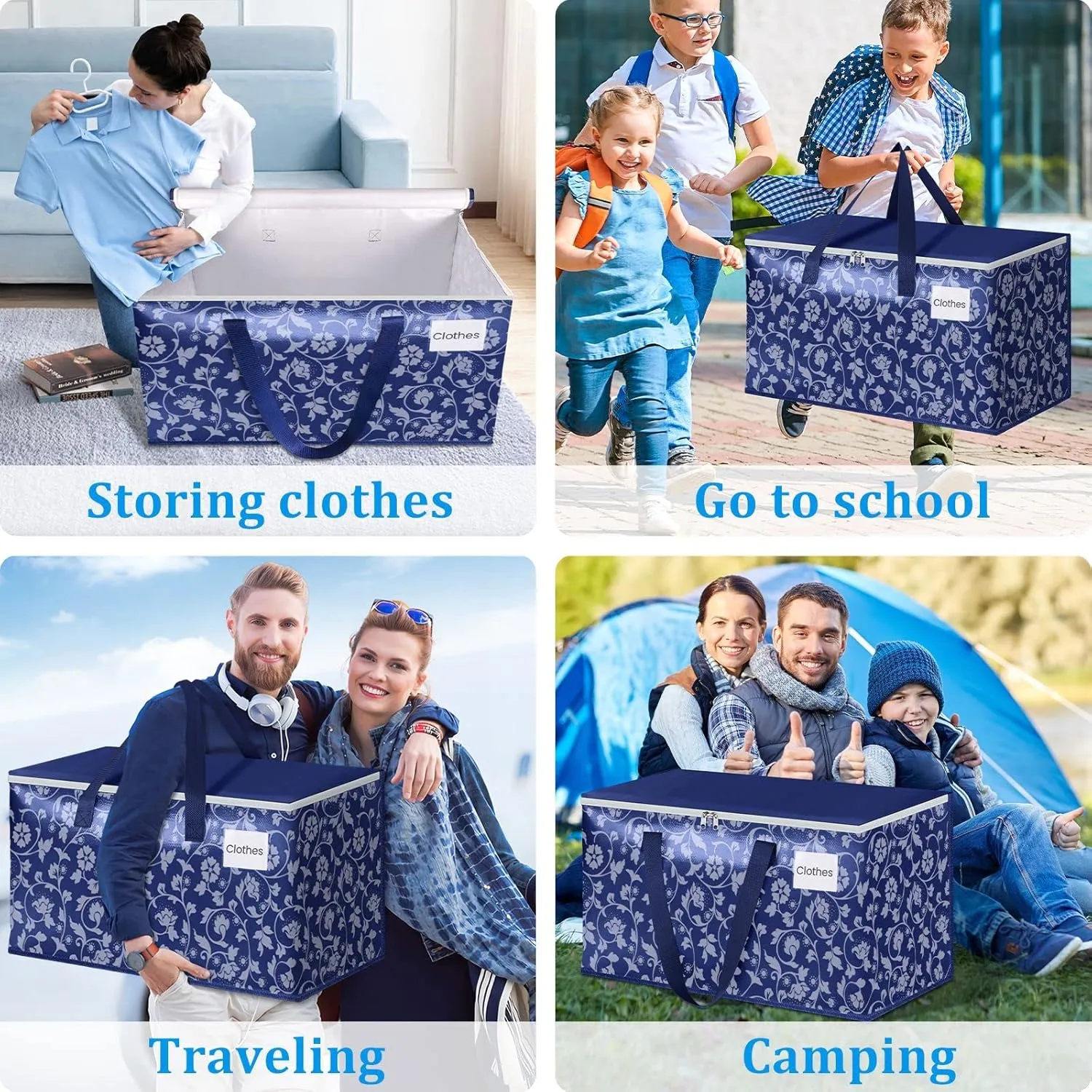 HomeHacks Moving Bags, Extra Large Size Moving Boxes, Heavy Duty Luggage Bags with Smooth Zipper and Sturdy Handles, Large Capacity & Easy Loading Storage Totes for Space Saver 100L, 6-Pack, Blue