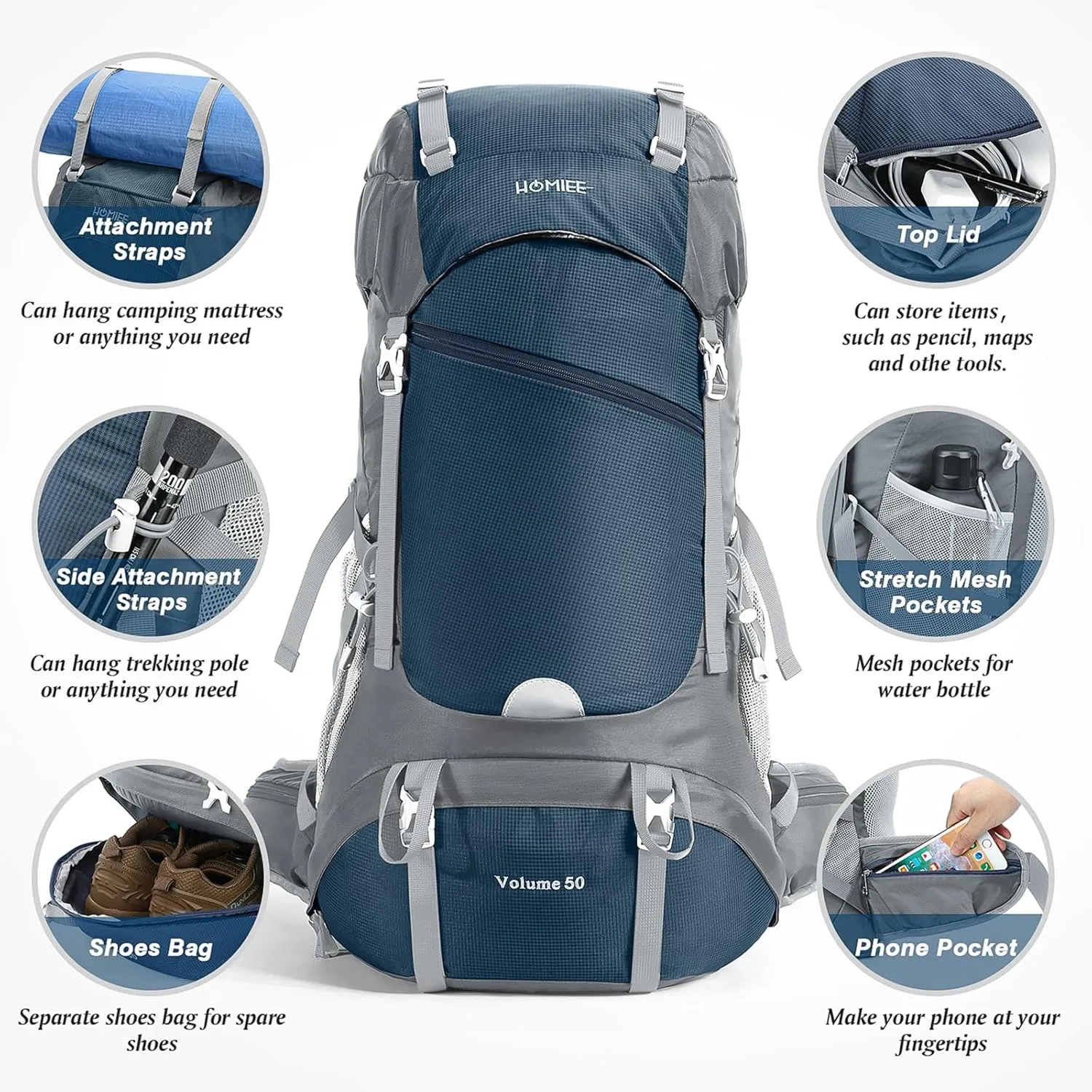 HOMIEE 50L Hiking Backpack Travel Bag Waterproof Camping Rucksack with Rain Cover Lightweight Backpacking Backpack