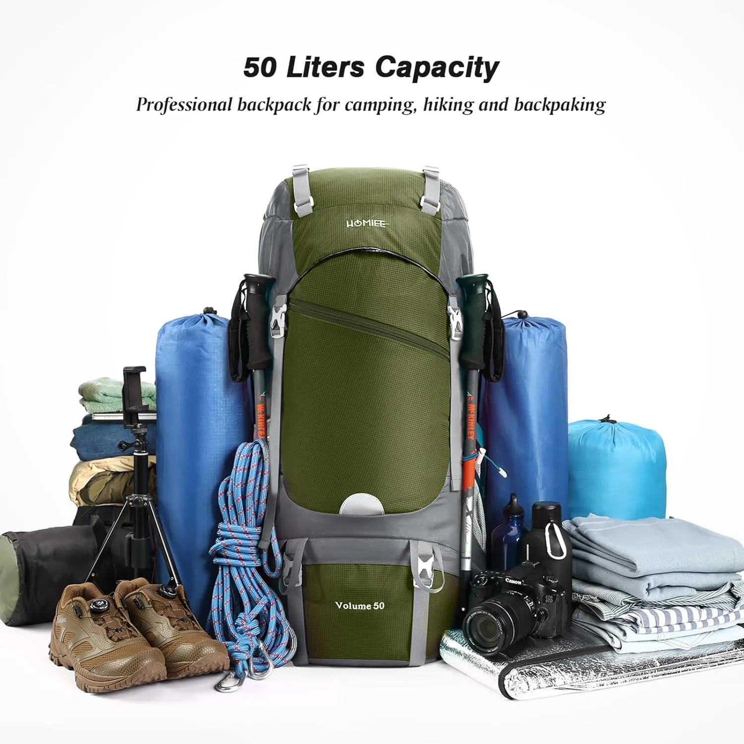 HOMIEE 50L Hiking Backpack Travel Bag Waterproof Camping Rucksack with Rain Cover Lightweight Backpacking Backpack