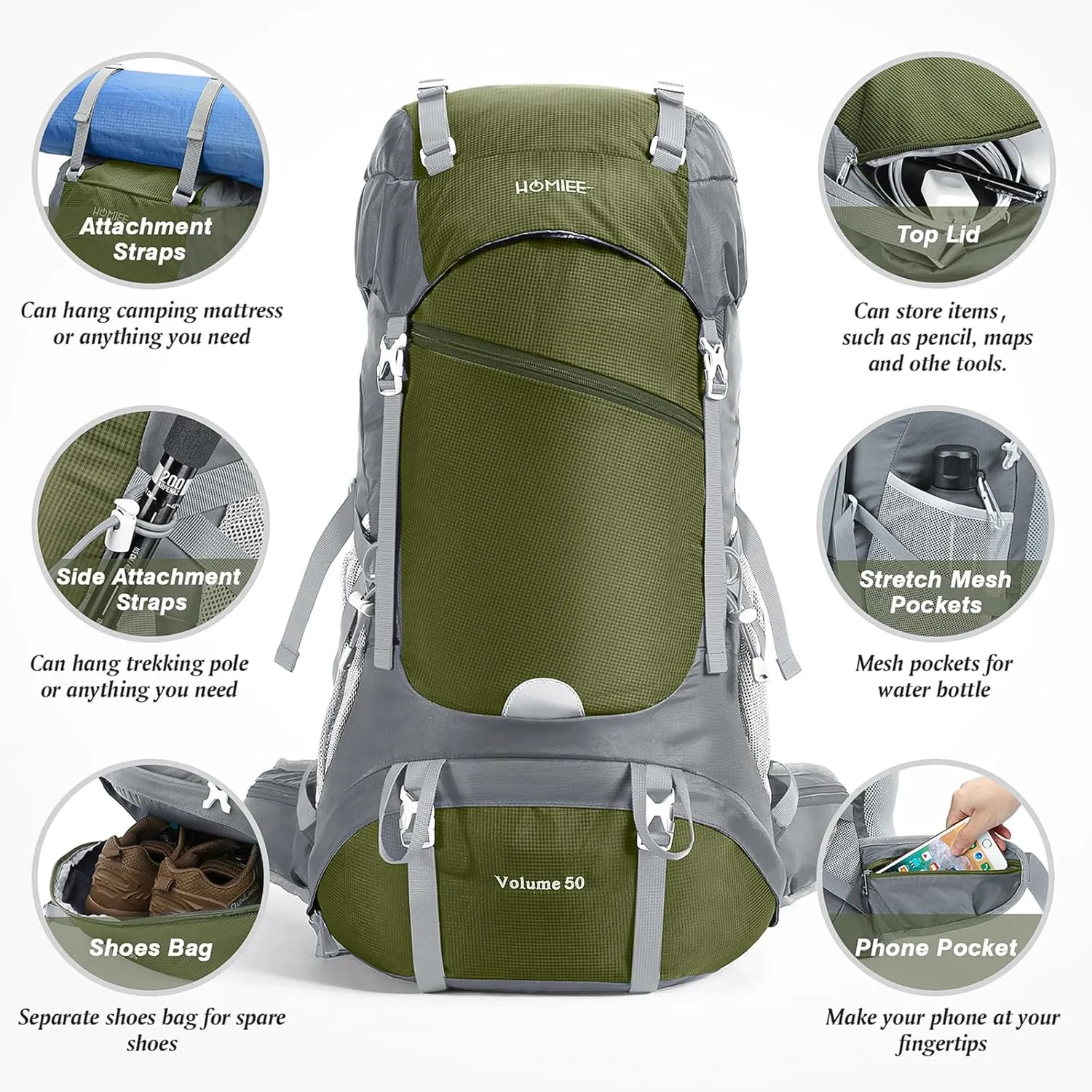 HOMIEE 50L Hiking Backpack Travel Bag Waterproof Camping Rucksack with Rain Cover Lightweight Backpacking Backpack