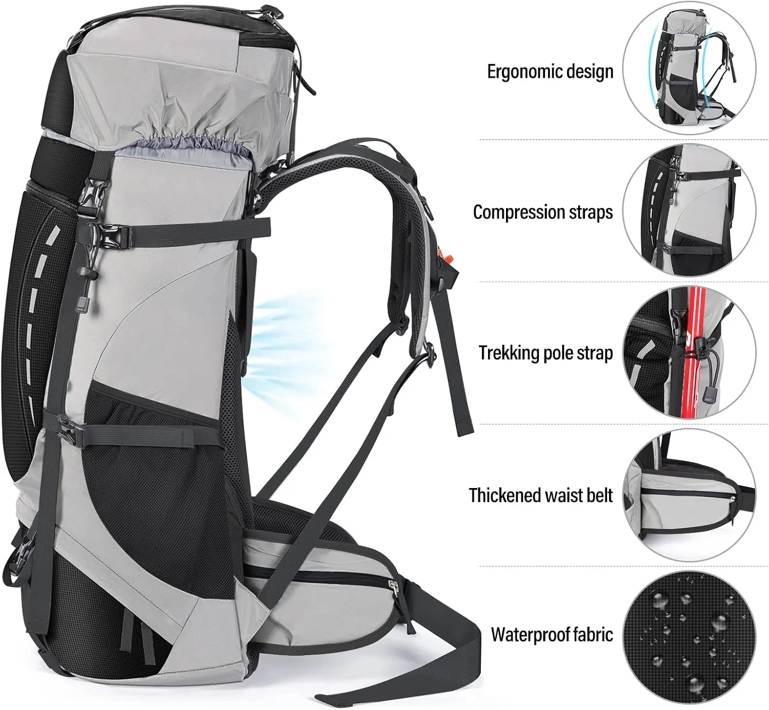 HOMIEE 50L Hiking Backpack Travel Bag Waterproof Camping Rucksack with Rain Cover Lightweight Backpacking Backpack