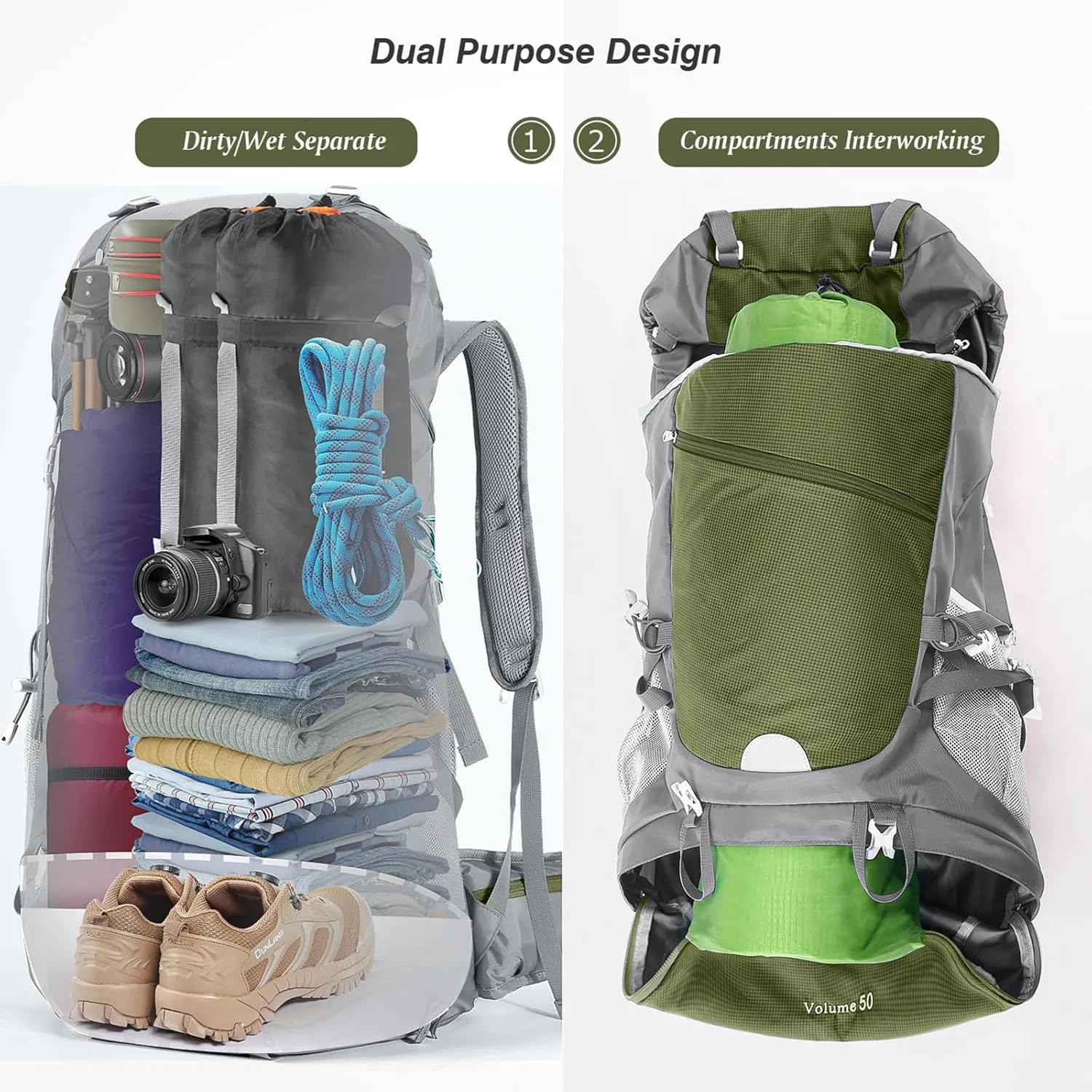 HOMIEE 50L Hiking Backpack Travel Bag Waterproof Camping Rucksack with Rain Cover Lightweight Backpacking Backpack