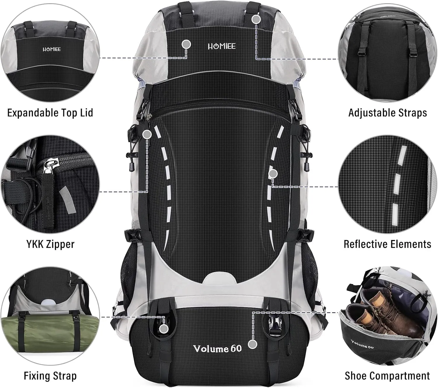 HOMIEE 50L Hiking Backpack Travel Bag Waterproof Camping Rucksack with Rain Cover Lightweight Backpacking Backpack