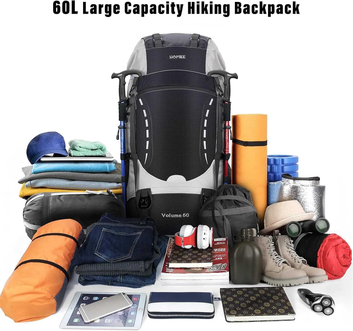 HOMIEE 50L Hiking Backpack Travel Bag Waterproof Camping Rucksack with Rain Cover Lightweight Backpacking Backpack