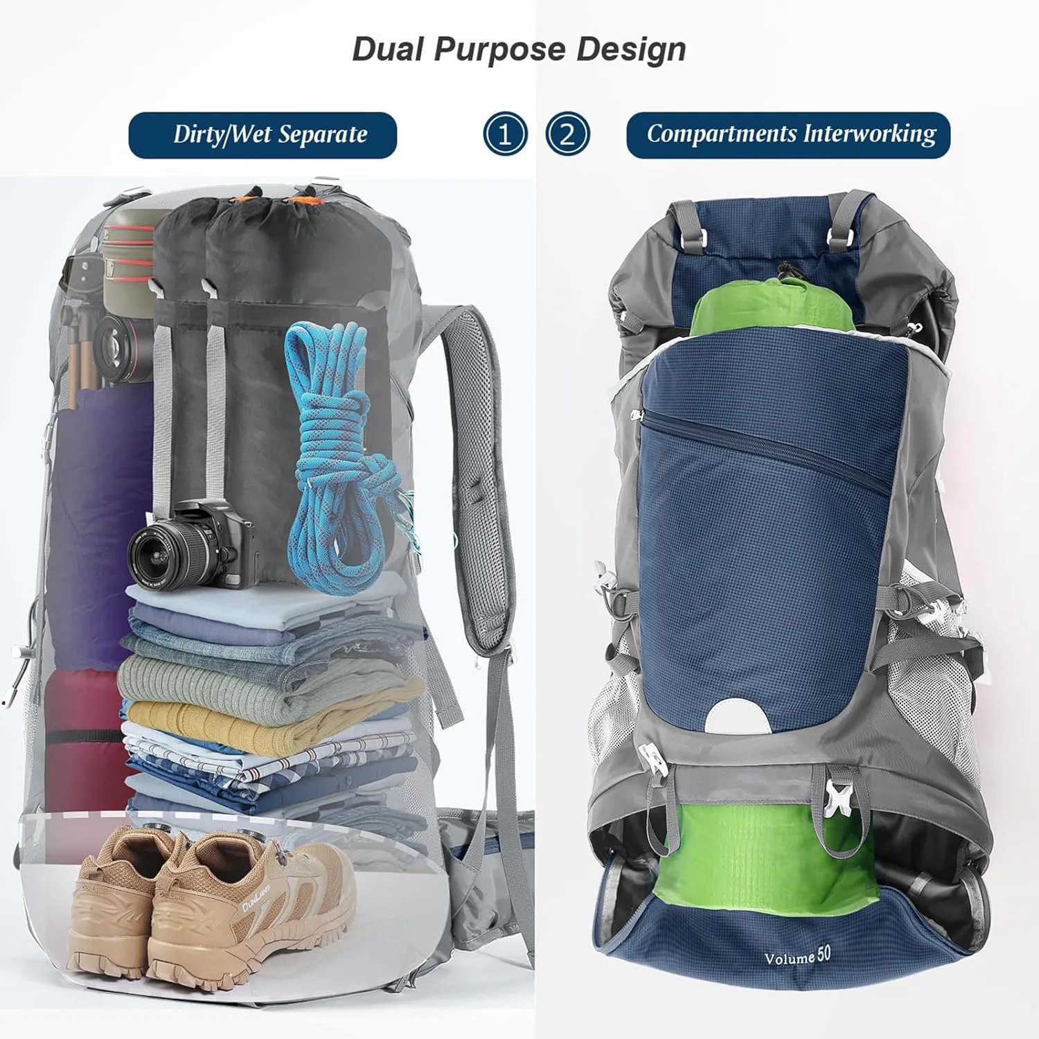 HOMIEE 50L Hiking Backpack Travel Bag Waterproof Camping Rucksack with Rain Cover Lightweight Backpacking Backpack