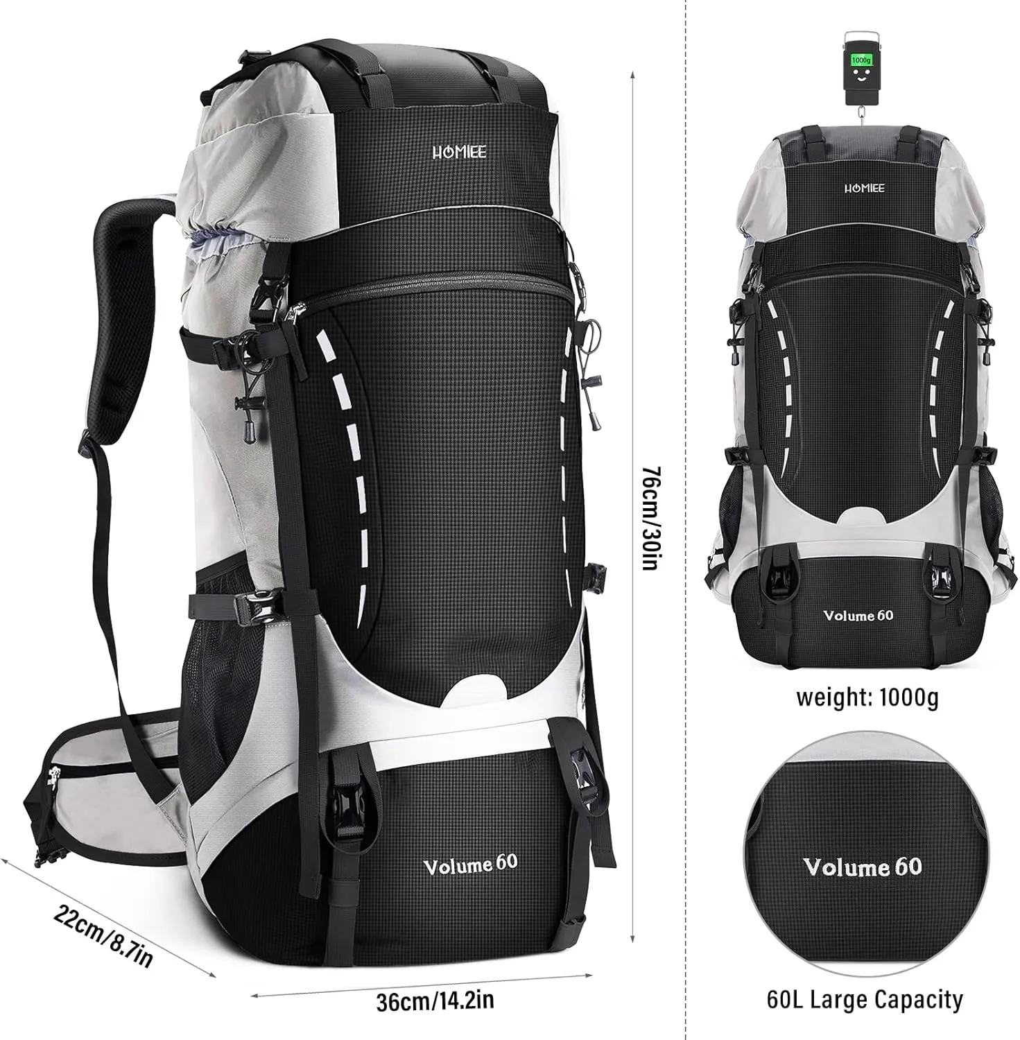 HOMIEE 50L Hiking Backpack Travel Bag Waterproof Camping Rucksack with Rain Cover Lightweight Backpacking Backpack