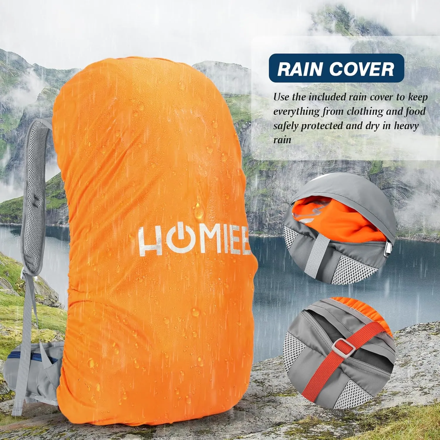 HOMIEE 50L Hiking Backpack Travel Bag Waterproof Camping Rucksack with Rain Cover Lightweight Backpacking Backpack