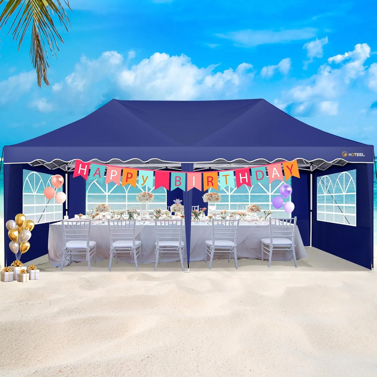HOTEEL 10x20 Canopy Pop Up Canopy with 6 Sidewalls, Easy Setup Waterproof Tent for Parties, Wheeled Bag, 4 Weight Bag, UV50  Outdoor Event Tent, High Roof, Metal Leg, Navy