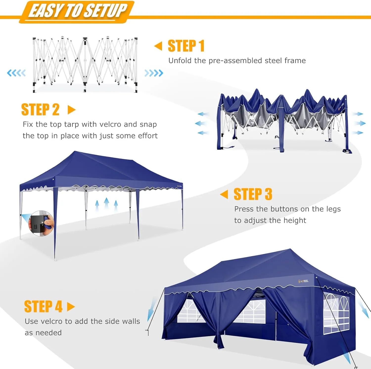 HOTEEL 10x20 Canopy Pop Up Canopy with 6 Sidewalls, Easy Setup Waterproof Tent for Parties, Wheeled Bag, 4 Weight Bag, UV50  Outdoor Event Tent, High Roof, Metal Leg, Navy