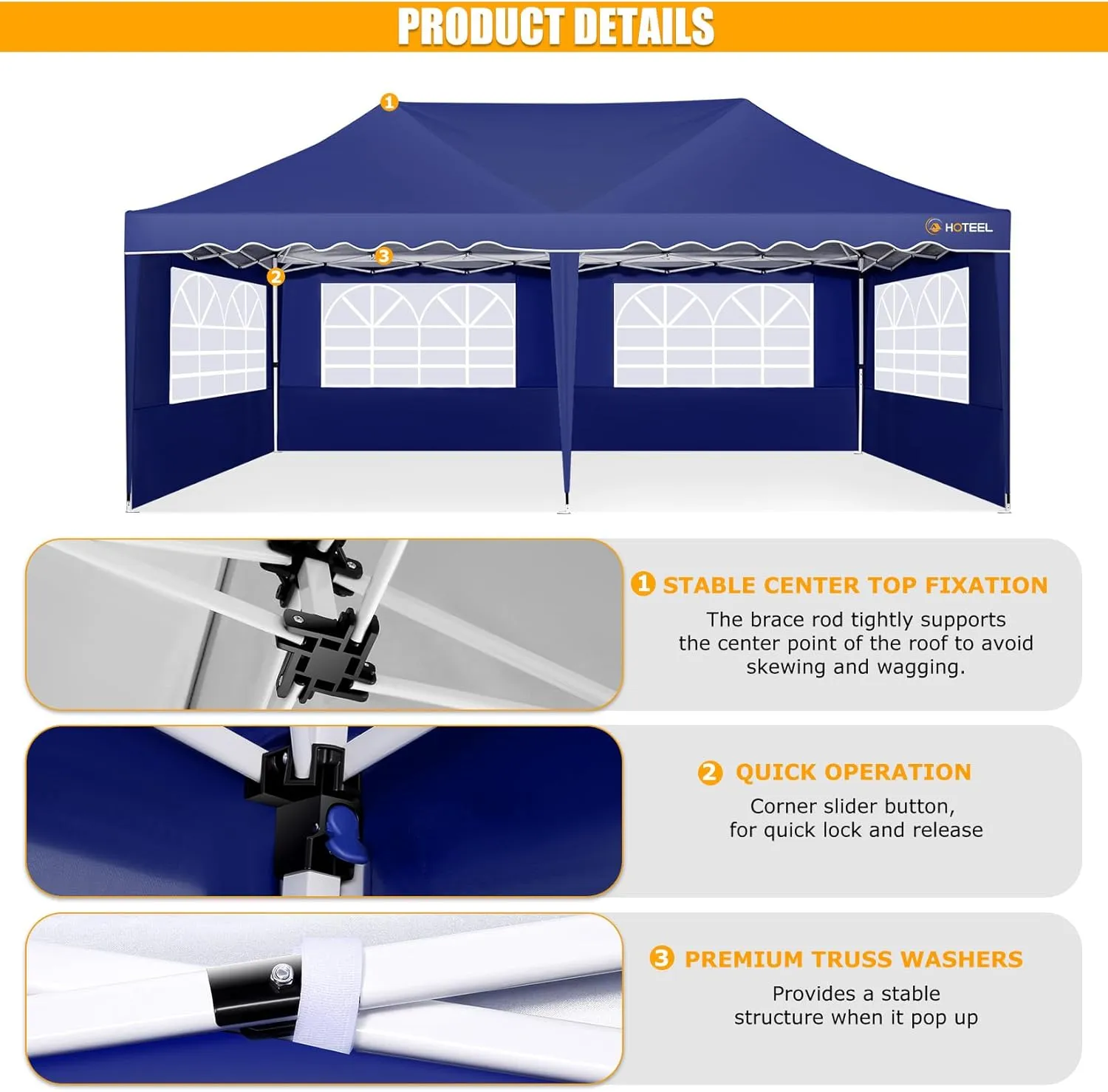 HOTEEL 10x20 Canopy Pop Up Canopy with 6 Sidewalls, Easy Setup Waterproof Tent for Parties, Wheeled Bag, 4 Weight Bag, UV50  Outdoor Event Tent, High Roof, Metal Leg, Navy