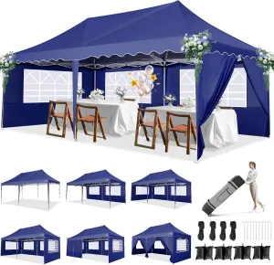 HOTEEL 10x20 Canopy Pop Up Canopy with 6 Sidewalls, Easy Setup Waterproof Tent for Parties, Wheeled Bag, 4 Weight Bag, UV50  Outdoor Event Tent, High Roof, Metal Leg, Navy