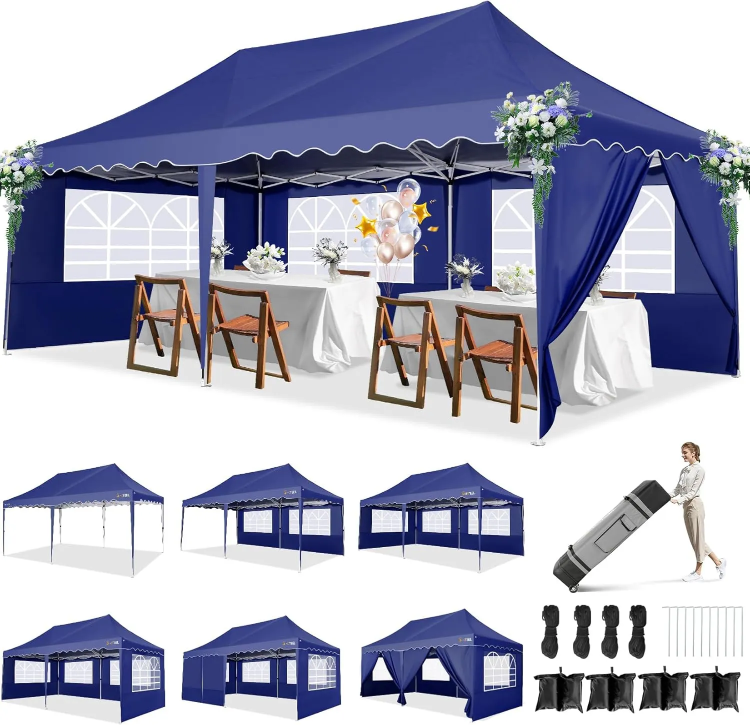 HOTEEL 10x20 Canopy Pop Up Canopy with 6 Sidewalls, Easy Setup Waterproof Tent for Parties, Wheeled Bag, 4 Weight Bag, UV50  Outdoor Event Tent, High Roof, Metal Leg, Navy